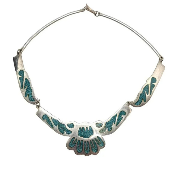 Vintage Alpaca Mexico Silver Blue Crushed Turquoise Inlay Necklace - Picture 1 of 7